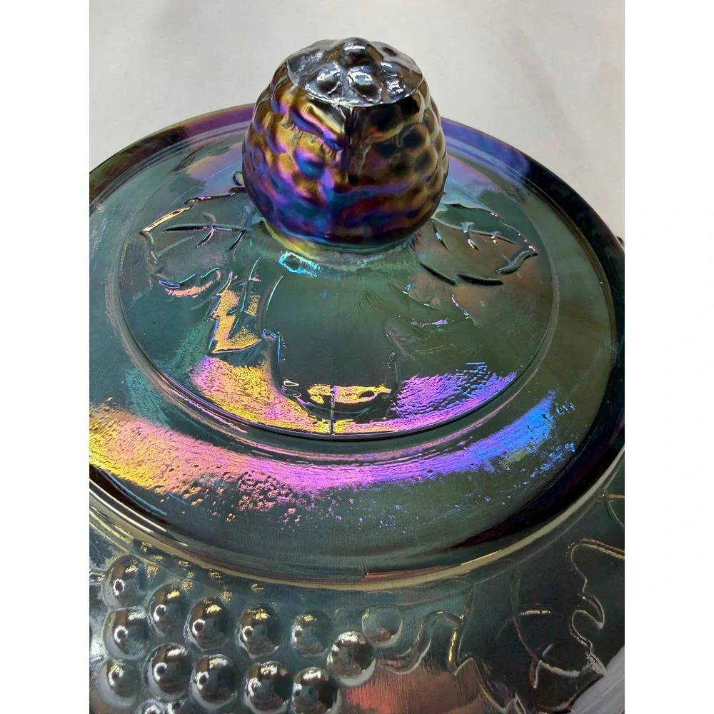 Vtg Carnival Glass HarvestGrape Compote Iridescent TealBlue Candy Dish Lid 9.75